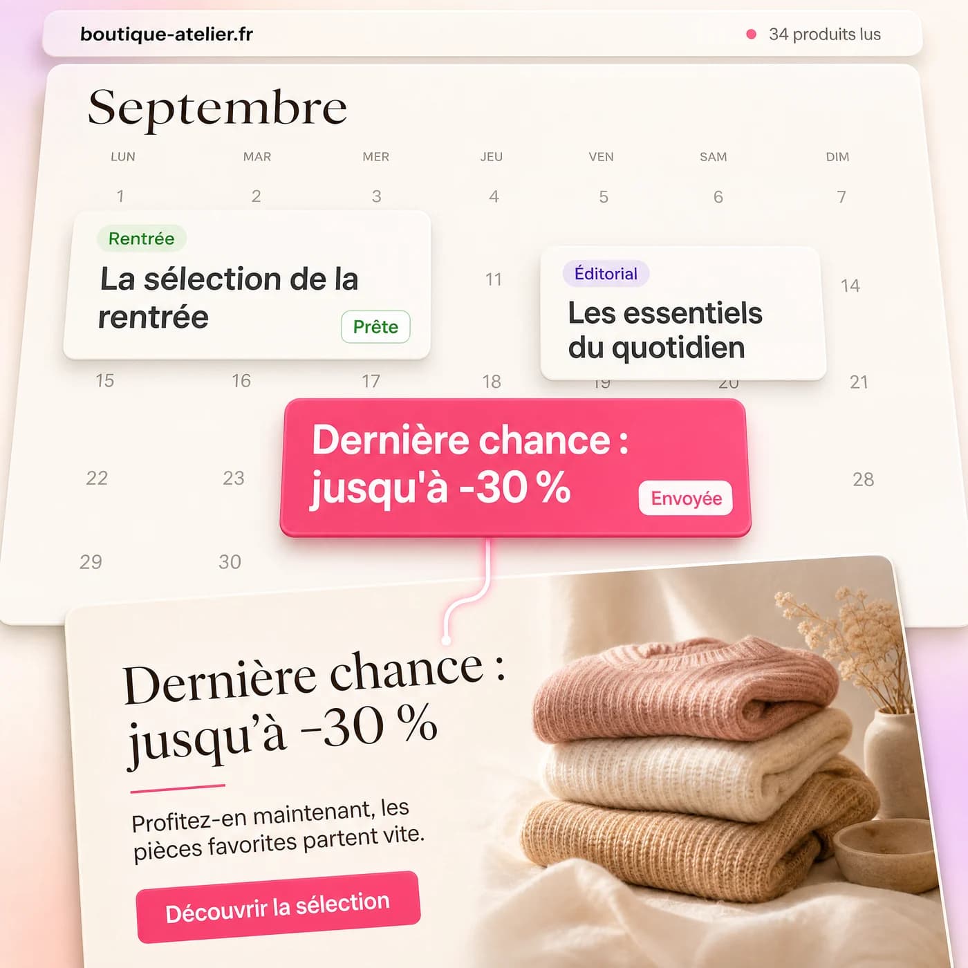 Un mois de campagnes décidées par Hibiscus pour une boutique : quatre campagnes datées sur un calendrier de septembre, dont une ouverte et prête à envoyer.